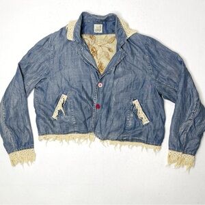 Jaded Gypsy Phoebe Harmony Denim Jacket Peace Sign Tattered Lace L/XL Coachella
